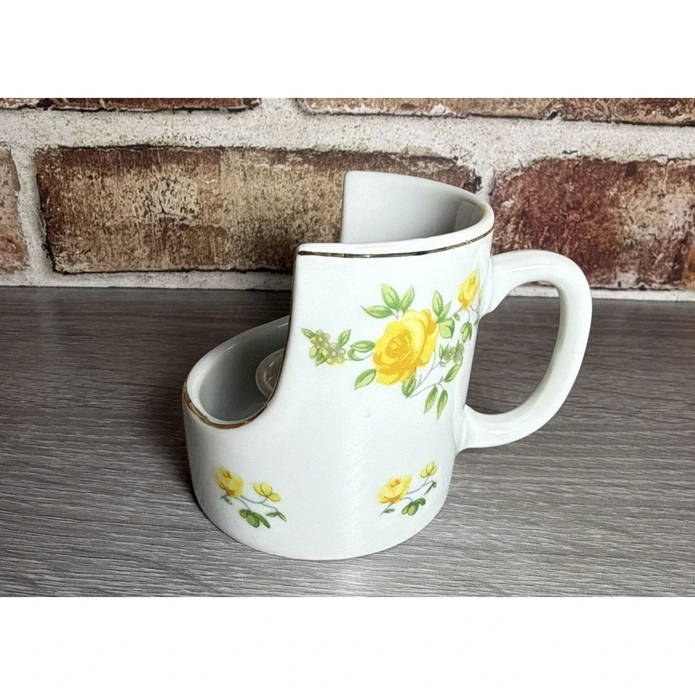 VTG Ceramic Chamberstick Candle Holder Yellow Roses Floral Gold Trim Handle